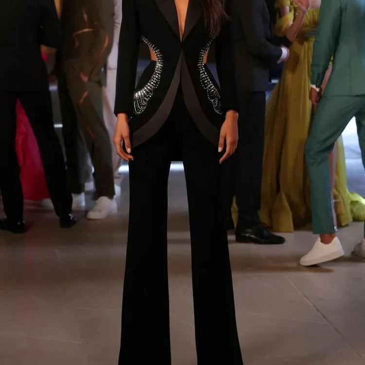 2025 New Autumn Women Long Sleeve Sexy Shinning Rhinestones 2 Pieces Blazer Set Elegant Evening Party Red Carpet Celebrate Wear