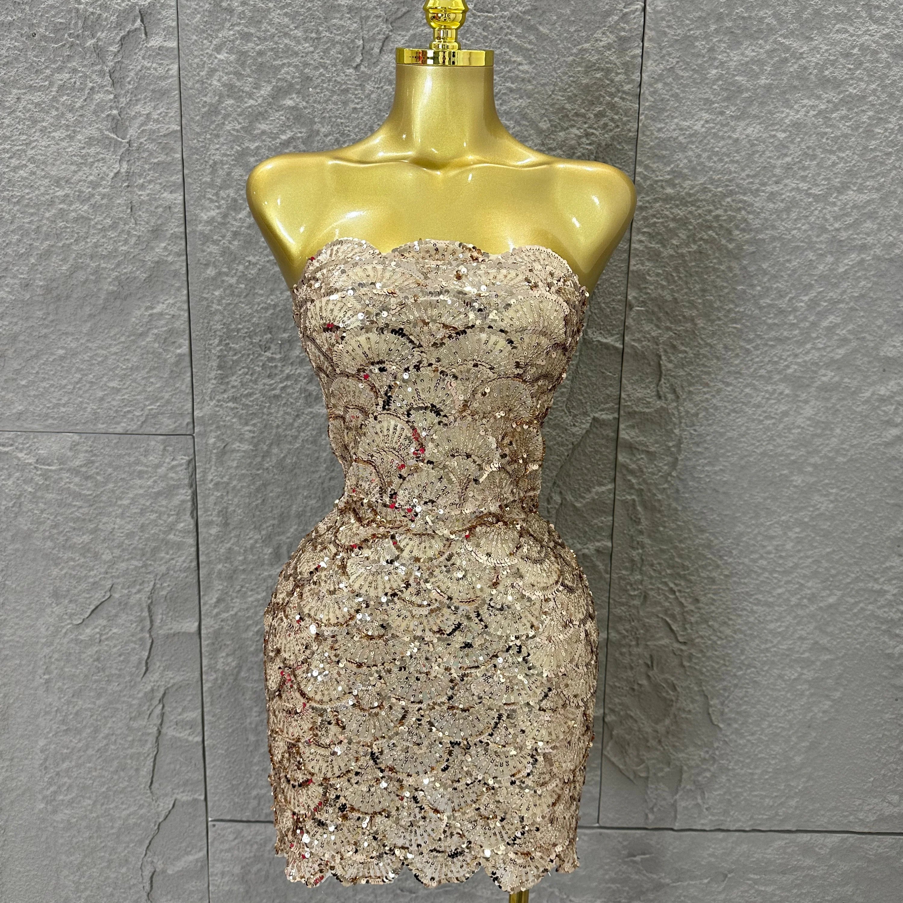 Elegant Silver Champagne Gold Strapless Mini Dress Women Sexy Sequin Form-Fitting Evening Party Nightclub Cocktail Party Costume Champagne