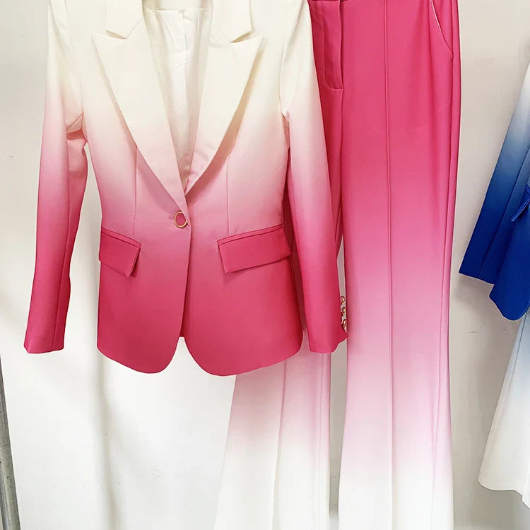 HIGH STREET Newest Fashion Designer Suit Set Women's Gradient Color Printed Single Button Blazer Flare Pants Suit 2pcs Pink