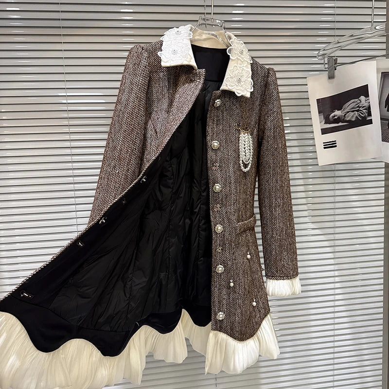 Winter New Fashion Temperament Style Chiffon Edge Bead Chain Brooch Cotton Inner Dress For Women Long Coat 11A07867