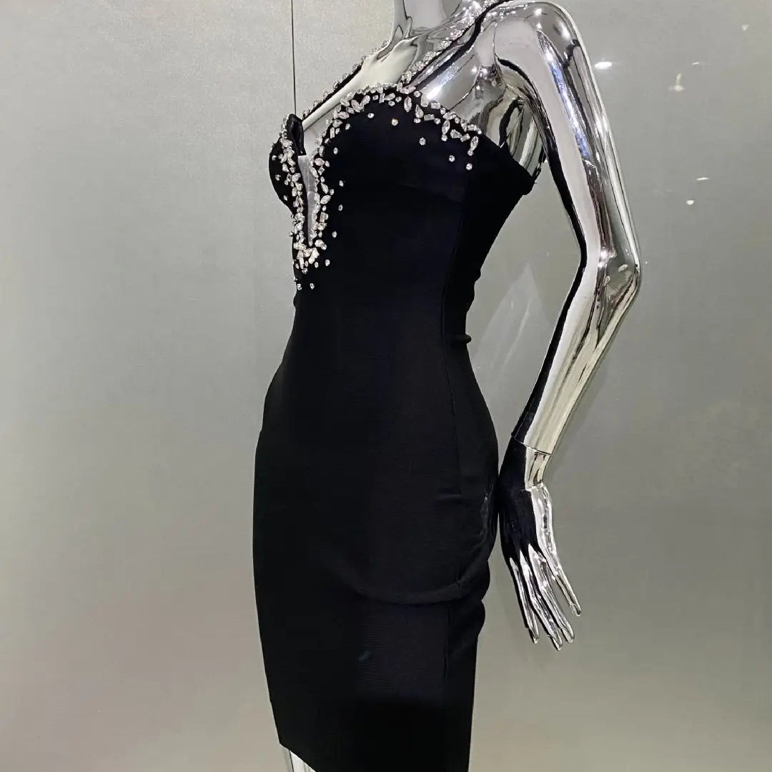 2025 Luxury Sparkling Diamond Sexy Deep V-Neck Black Bandage Mini Dress Fashion Woman Evening Party Dress Birthday Party Outfit