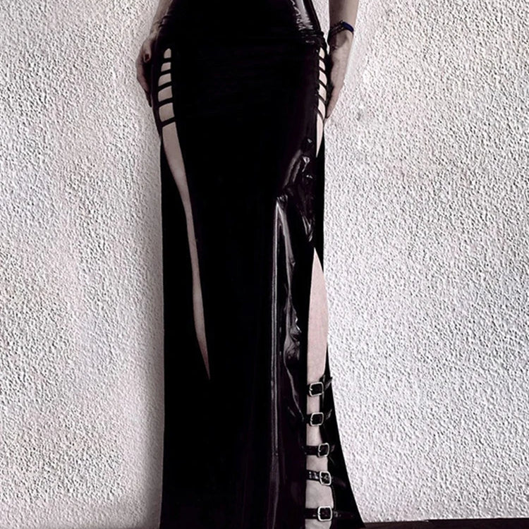 Lautaro Spring Soft Shiny Reflective Black Faux Leather Maxi Skirt Women with Double High Slit Dark Academia Y2K Clothes 2025