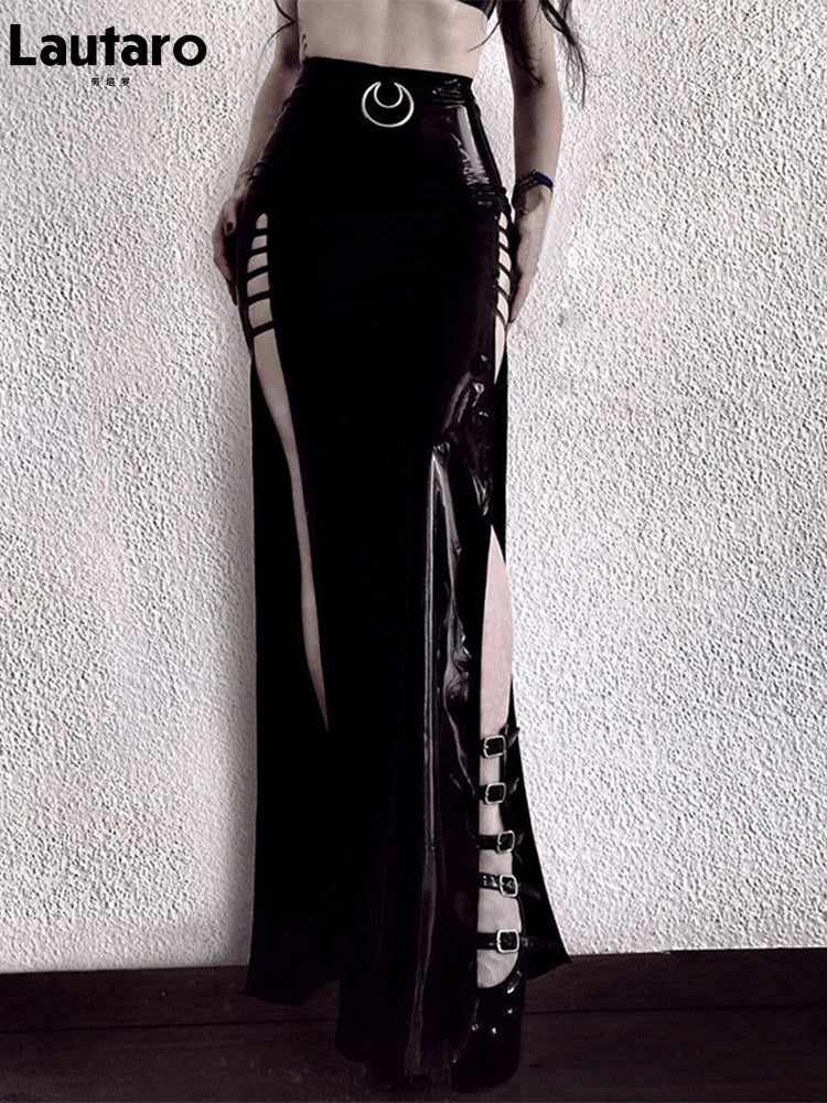 Lautaro Spring Soft Shiny Reflective Black Faux Leather Maxi Skirt Women with Double High Slit Dark Academia Y2K Clothes 2025