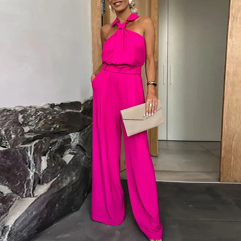 Sexy Off Shoulder Hight Waist Jumpsuit Women Casual Sleeveelss Wide Legger Solid Romper Elegant Pleated Loose Long Playsuit 02 Rose Red