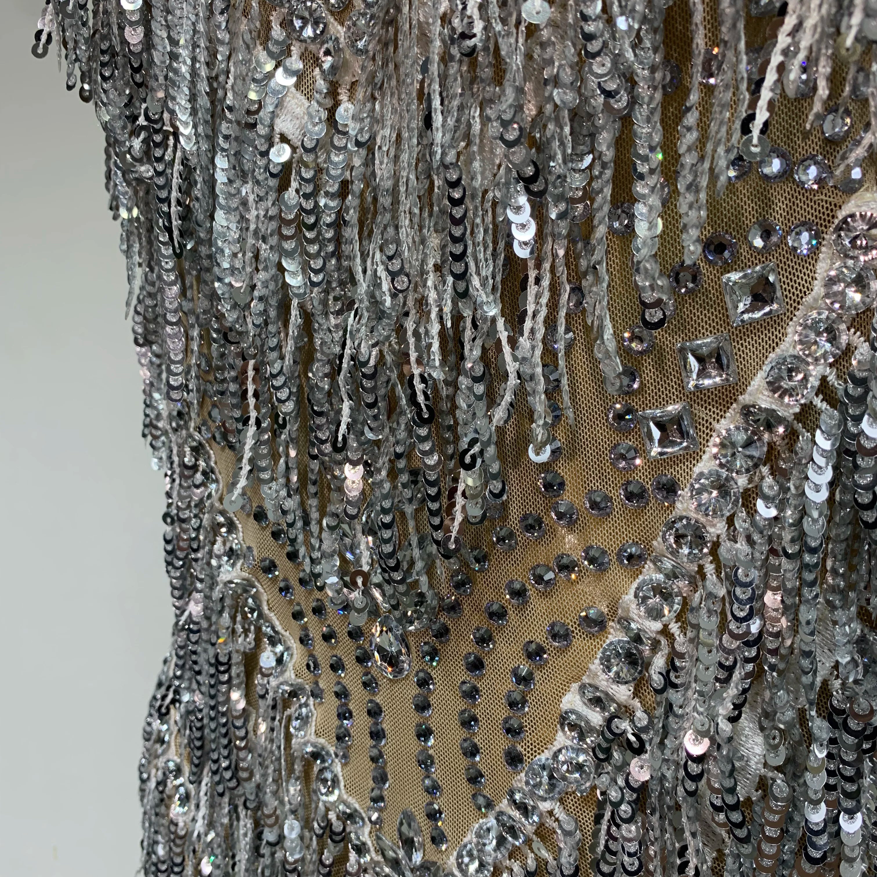 Sparkly Rhinestone Tassel Sexy Backless Mesh Bodysuit Women Luxury Birthday Party Nightclub Bar Dencer Stage performance Costume