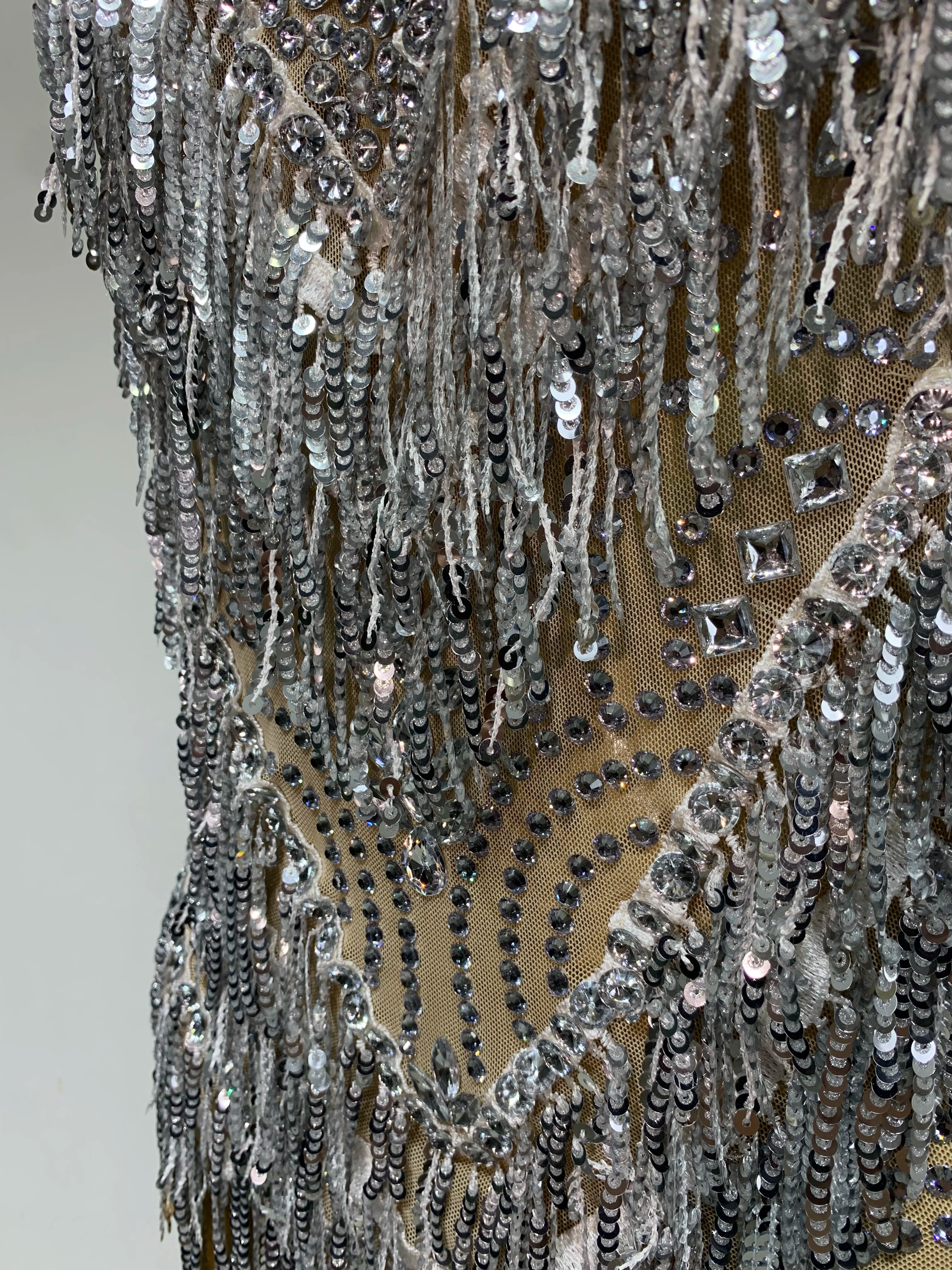 Sparkly Rhinestone Tassel Sexy Backless Mesh Bodysuit Women Luxury Birthday Party Nightclub Bar Dencer Stage performance Costume