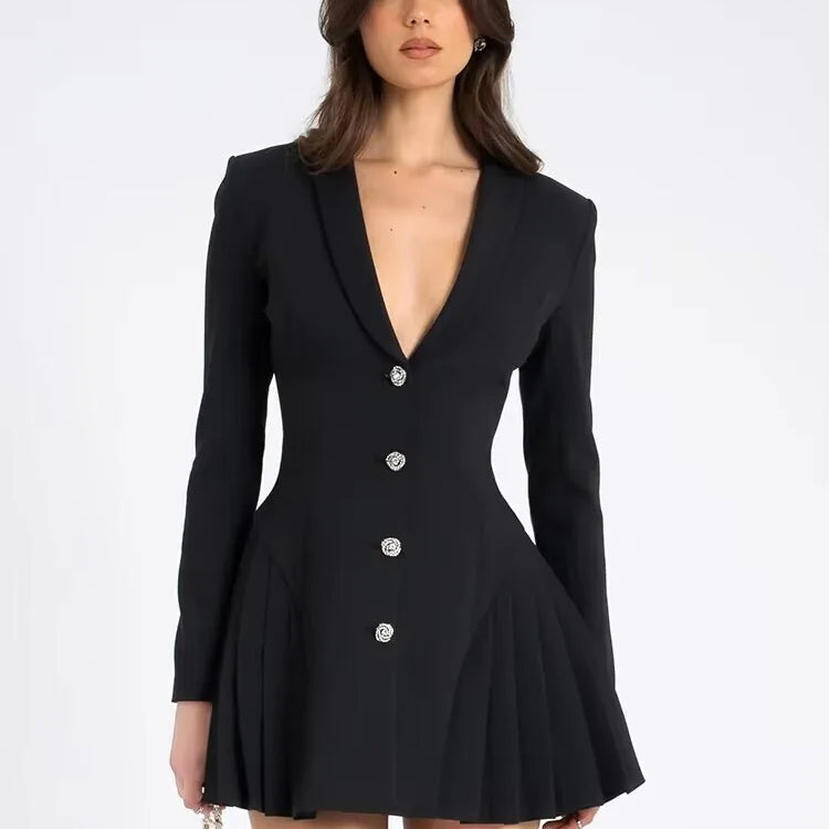Fantoye Deep V-neck Single Breasted Pleated Women Blazer Mini Dress Long Sleeve A-line Dress Autumn New Elegant Official Clothes black