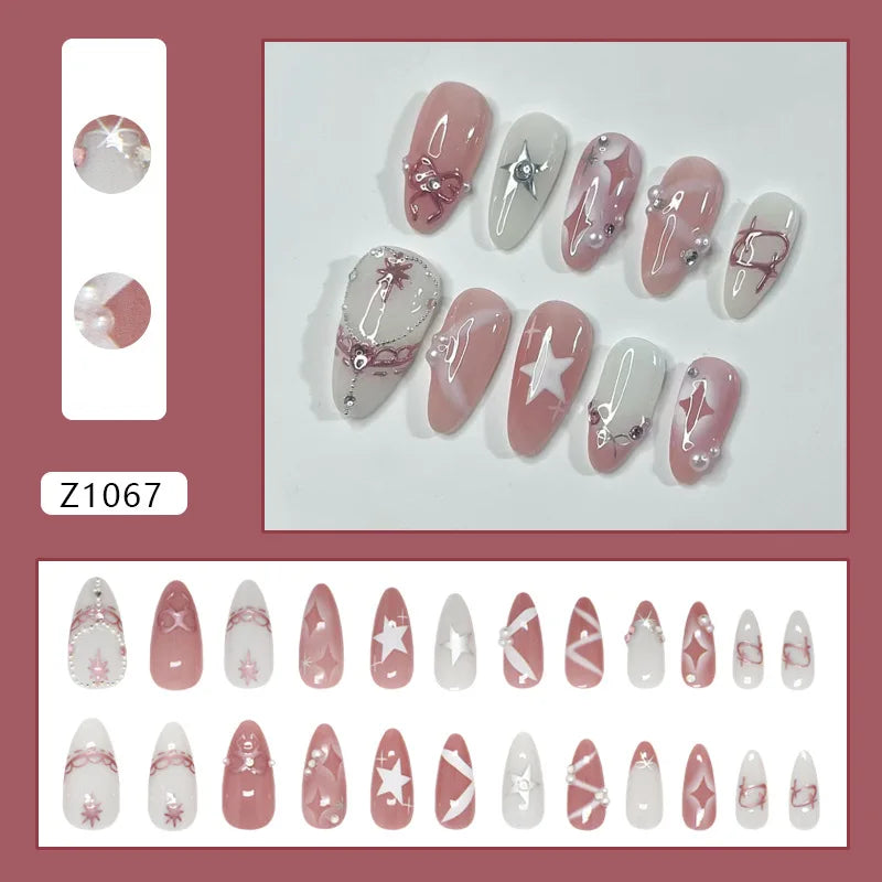 24pcs False Nails Glossy Green Summer Almond Fake Nail Tips Wearable Detachable Fashion Flower Print Press on Nails for Girl 6