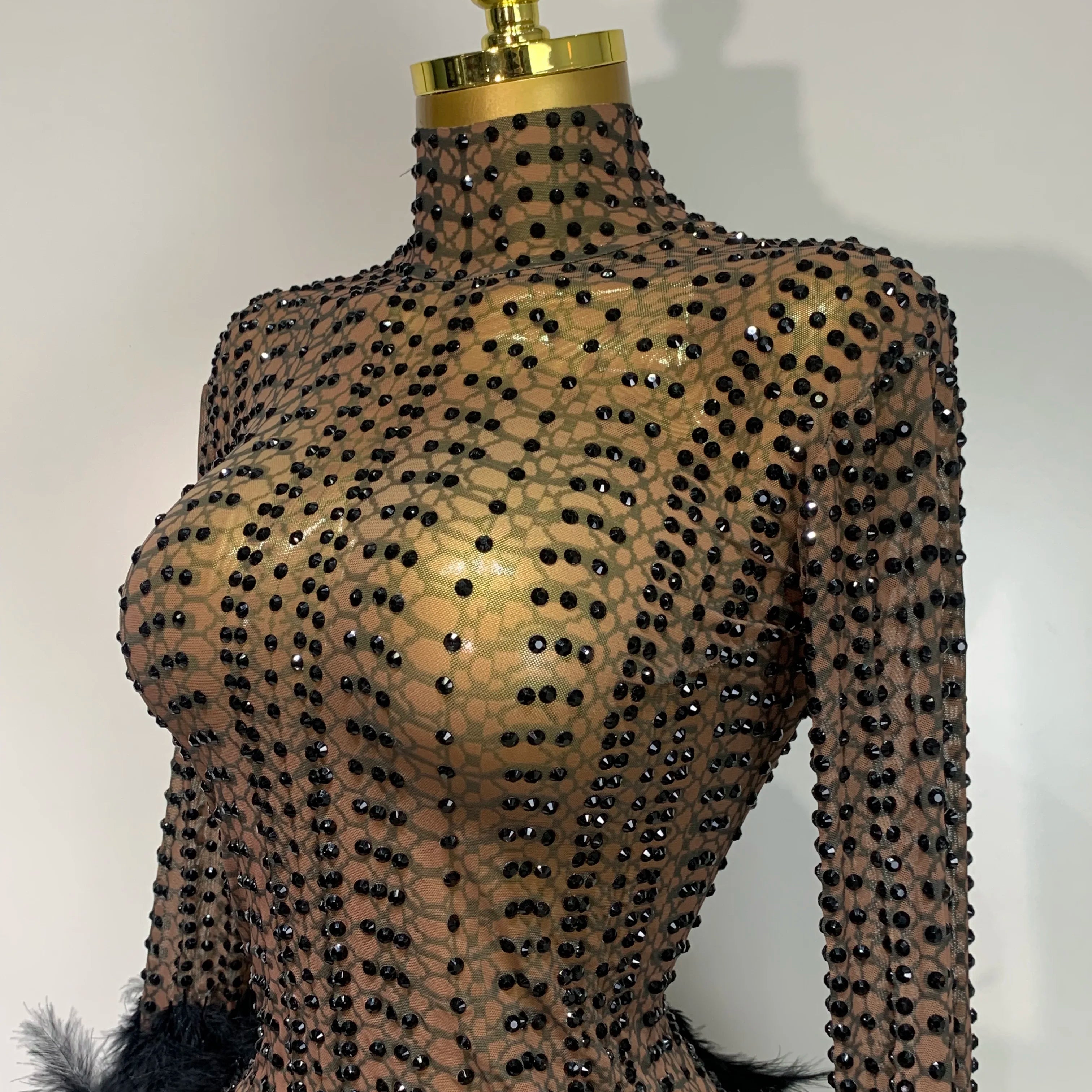 Women Luxury Birthday Dress Rhinestones Mesh Feathers Bodycon Mini Celebrity Evening Club Party Dress Nightclub Stage Outfit