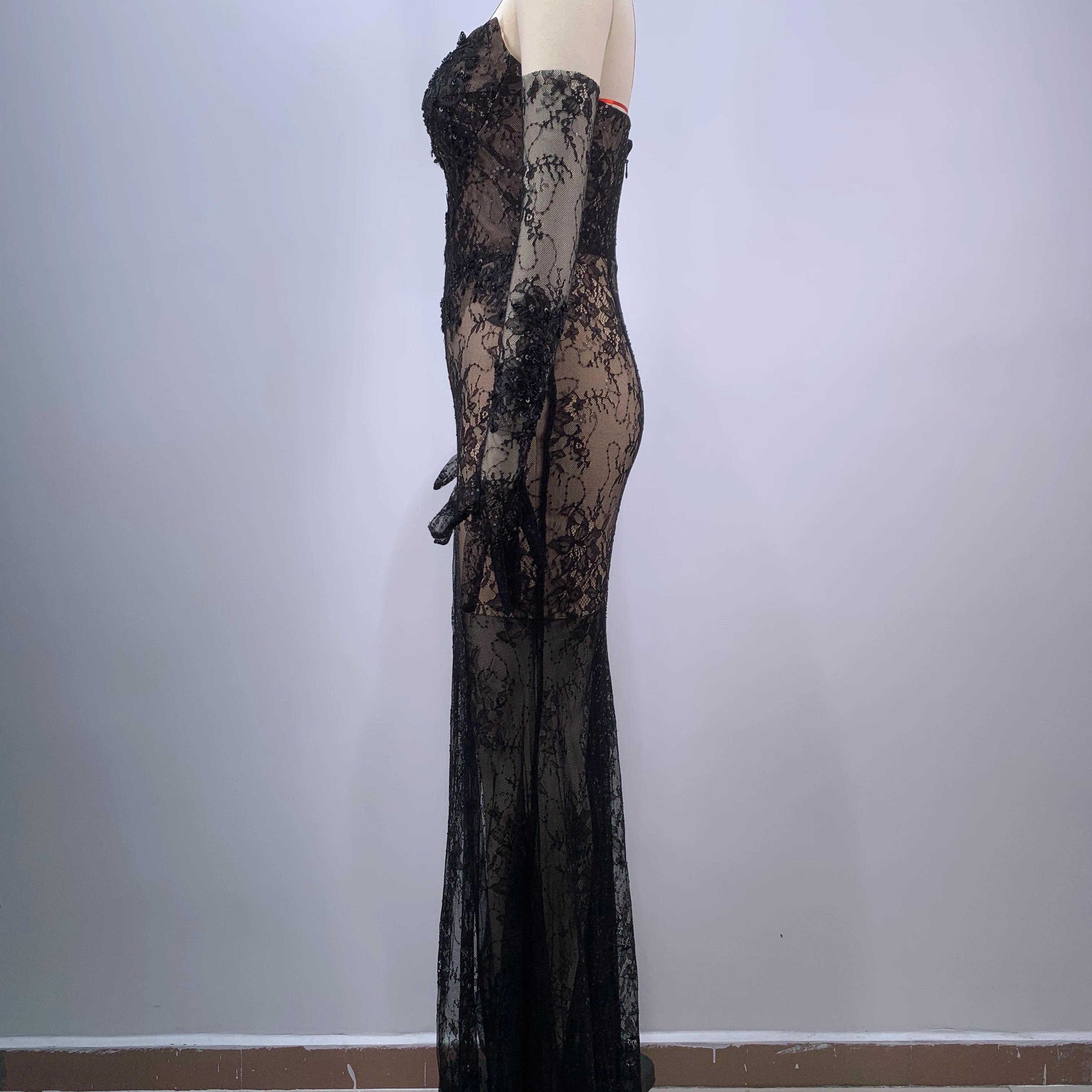 Women Sexy Strapless Lace High Split Long Dress Gloves Celebraye Nightclub Party Birthday Photo Shoot Dress Vestido