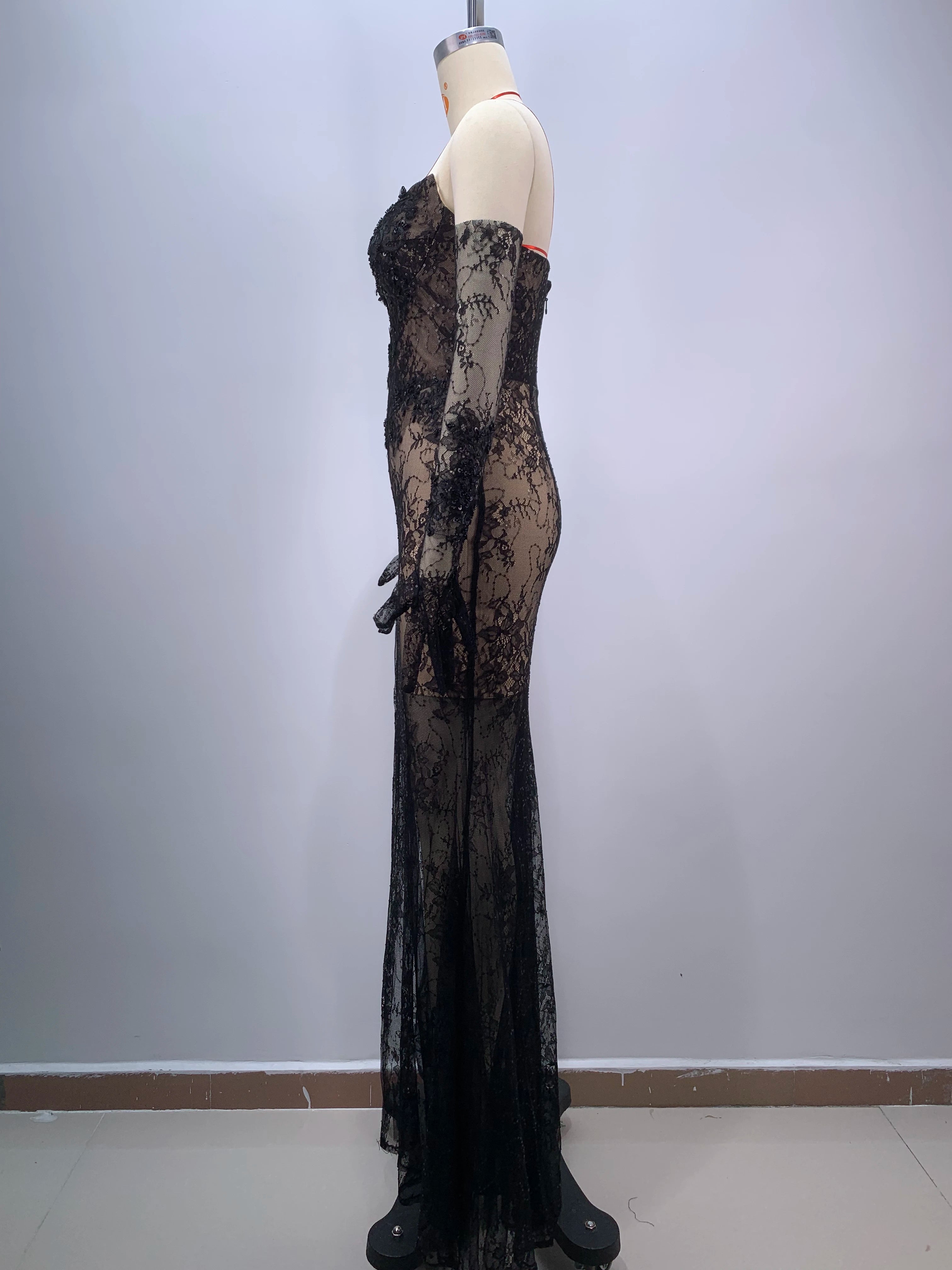 Women Sexy Strapless Lace High Split Long Dress Gloves Celebraye Nightclub Party Birthday Photo Shoot Dress Vestido