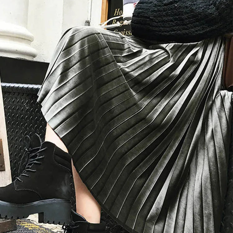 Spring Women Long Metallic Silver Maxi Pleated Skirt Midi Skirt High Waist Elascity Casual Party Skirt army green One Size