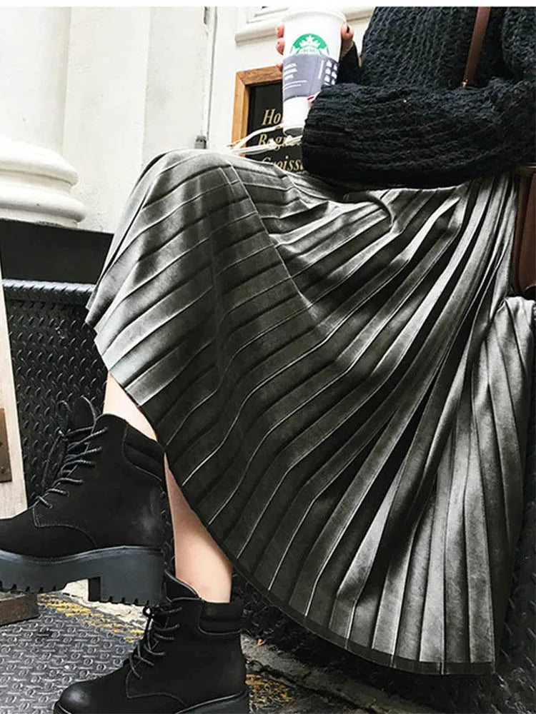 Spring Women Long Metallic Silver Maxi Pleated Skirt Midi Skirt High Waist Elascity Casual Party Skirt army green One Size