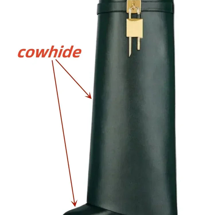 European and American Metal Lock Fasteners for High Tube Skirts, Boot Slopes, Leg Sleeves, Knee Length Boots, Platform Boots green cowhide