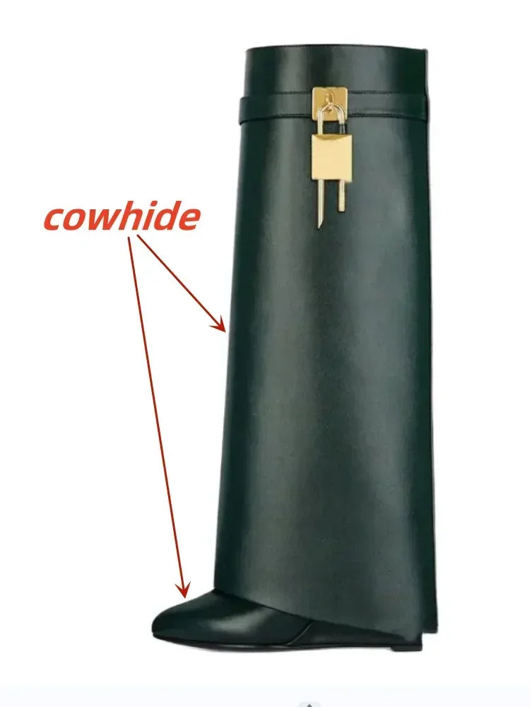 European and American Metal Lock Fasteners for High Tube Skirts, Boot Slopes, Leg Sleeves, Knee Length Boots, Platform Boots green cowhide