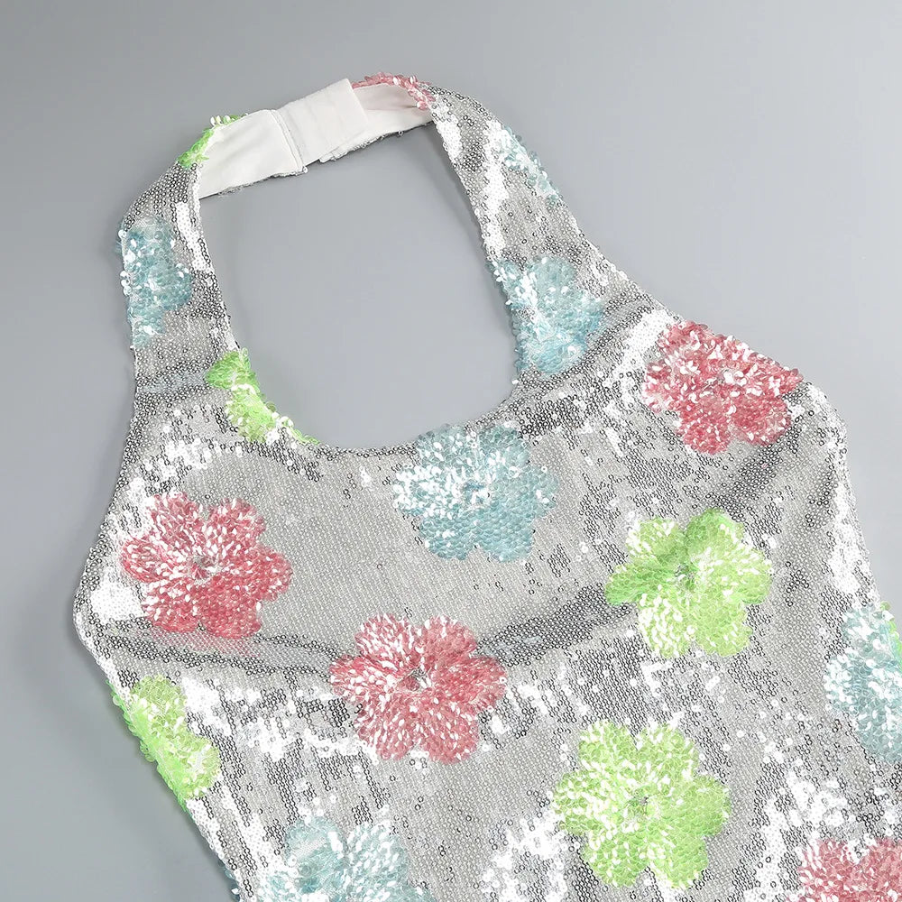 Colorful Shinning Sequins Women Sexy Halter Backless Bodycon Mini Dress Celebrate Nightclub Party Birthday Outfit Vestido