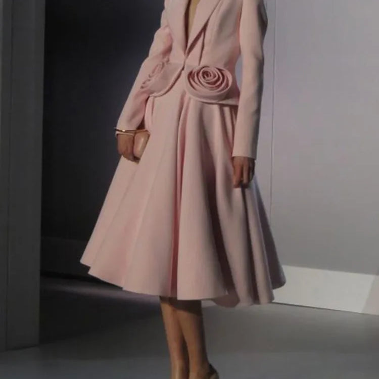 Elegant Two Piece Set For Women Shawl Collar Long Sleeve Spliced Appliques Top High Waist A Line Skirt Slim Sets