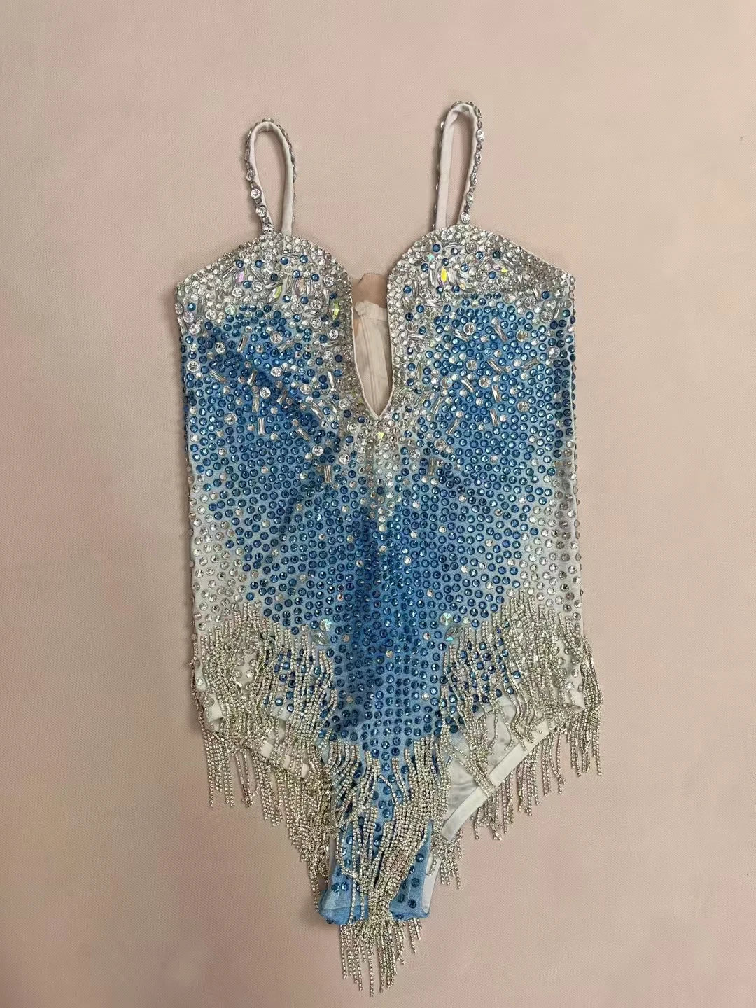 Sparkly Rhinestone Sleeveless Deep V Spandex Bodysuit Nightclub Showgirl Dance Show Crystals Tassel Skinny Bodysuit Bingqilin