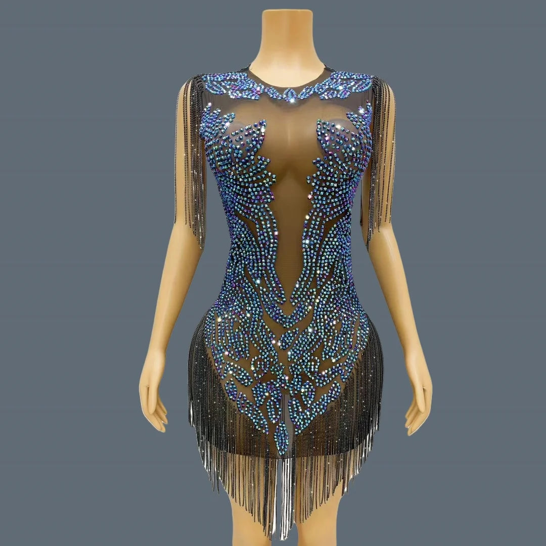 Elegant Women Luxury Dinners Evening Dress Sparkly Rhinestone Tassel Black Mesh Mini Dress Birthday Celebrate Party Dress Heichi as shown