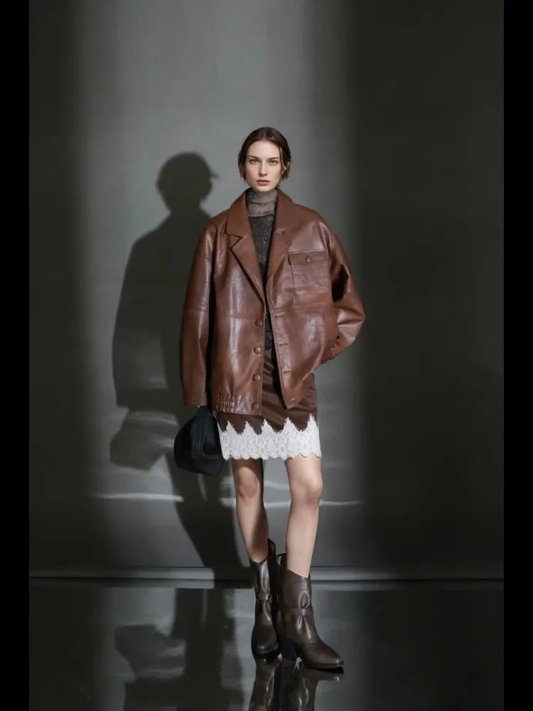 Lautaro Spring Autumn Oversized Waterproof Distressed Brown Pu Leather Jacket Women Single Breasted Luxury Designer Clothes 2025