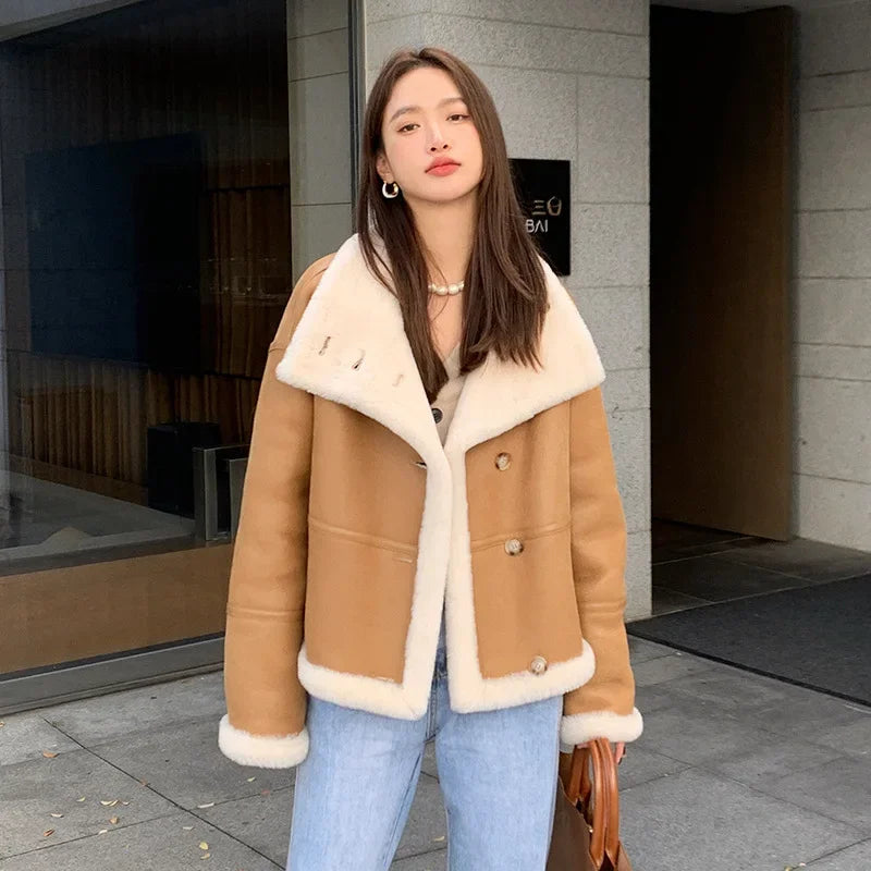 Lady Fashion Wool Jackets Women Fashion Real Wool Lamb Fur Coat Winter Jacket LSBH69