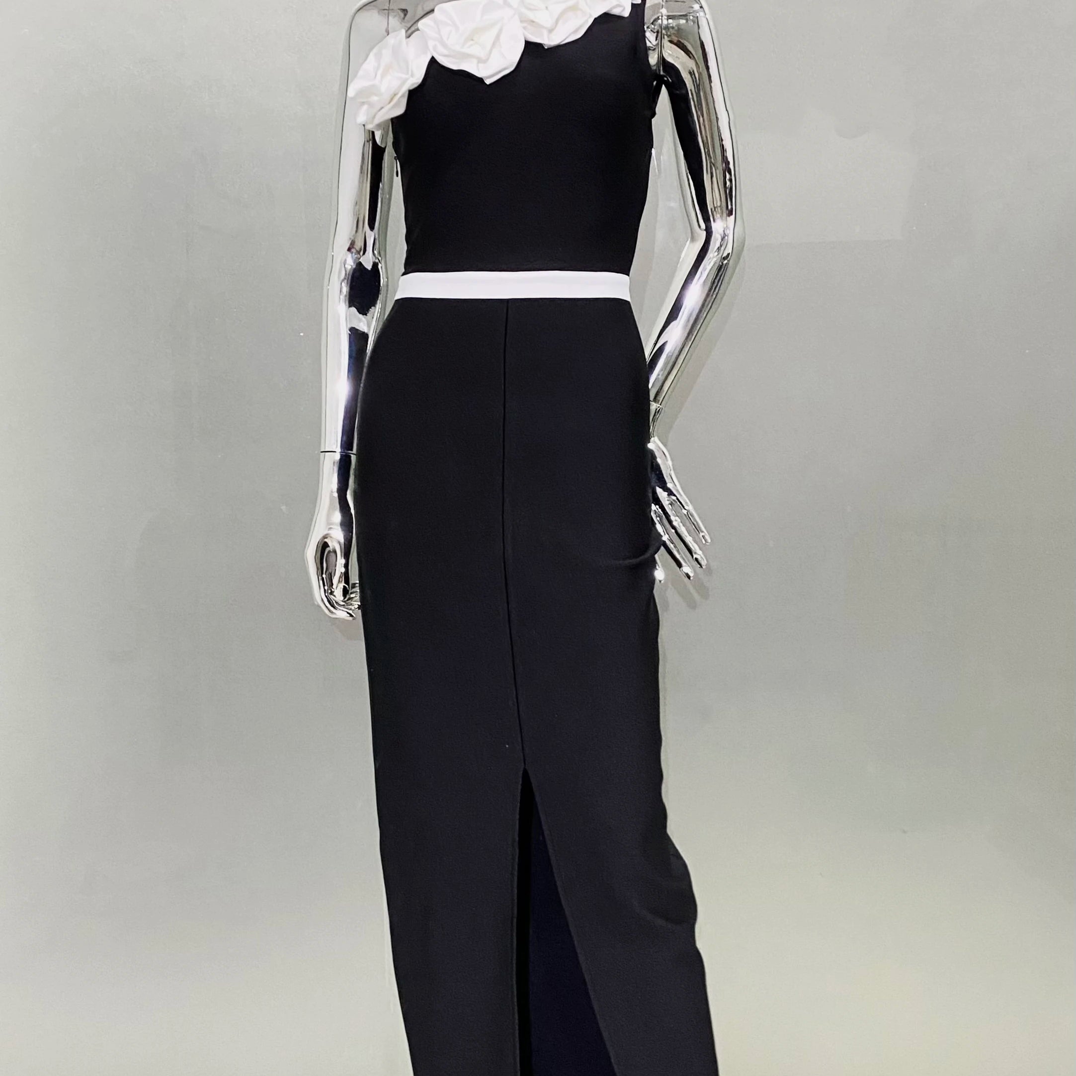 2024 Summer White Flowers One Shoulder Black Ankle Length Bandage Dress Graceful Woman Evening Dress Celebrity Party Outfit