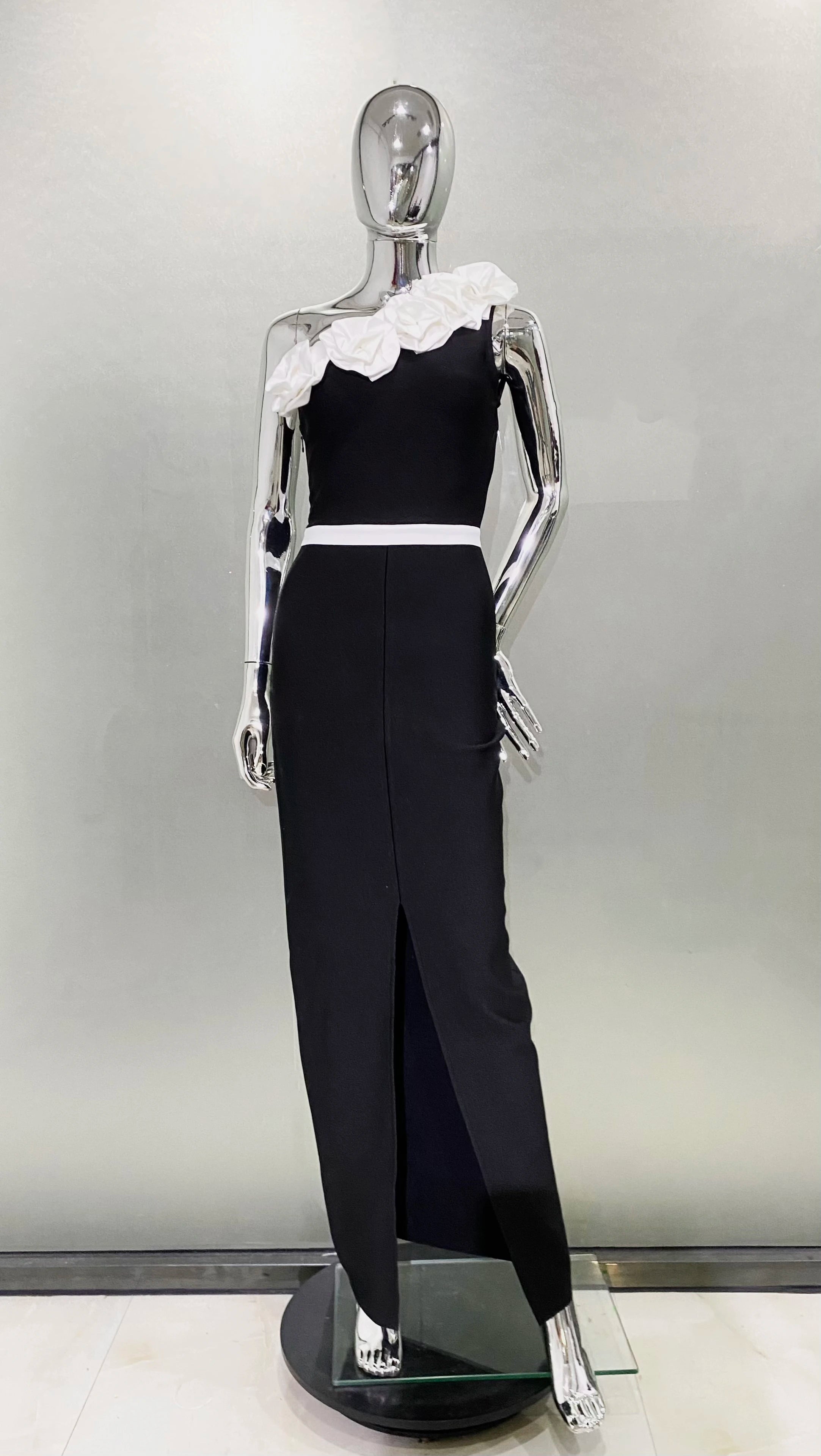 2024 Summer White Flowers One Shoulder Black Ankle Length Bandage Dress Graceful Woman Evening Dress Celebrity Party Outfit