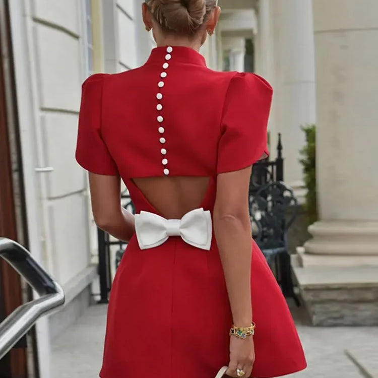 Fashion Red Bow Mini Dress Short Sleeve Women Pad Shoulder Dresses Backless Hollow Out Ladies Summer Chic A-line Party Vestidos