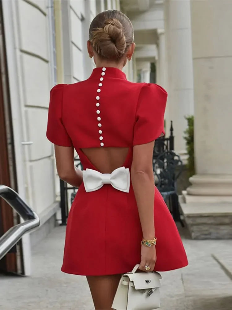 Fashion Red Bow Mini Dress Short Sleeve Women Pad Shoulder Dresses Backless Hollow Out Ladies Summer Chic A-line Party Vestidos