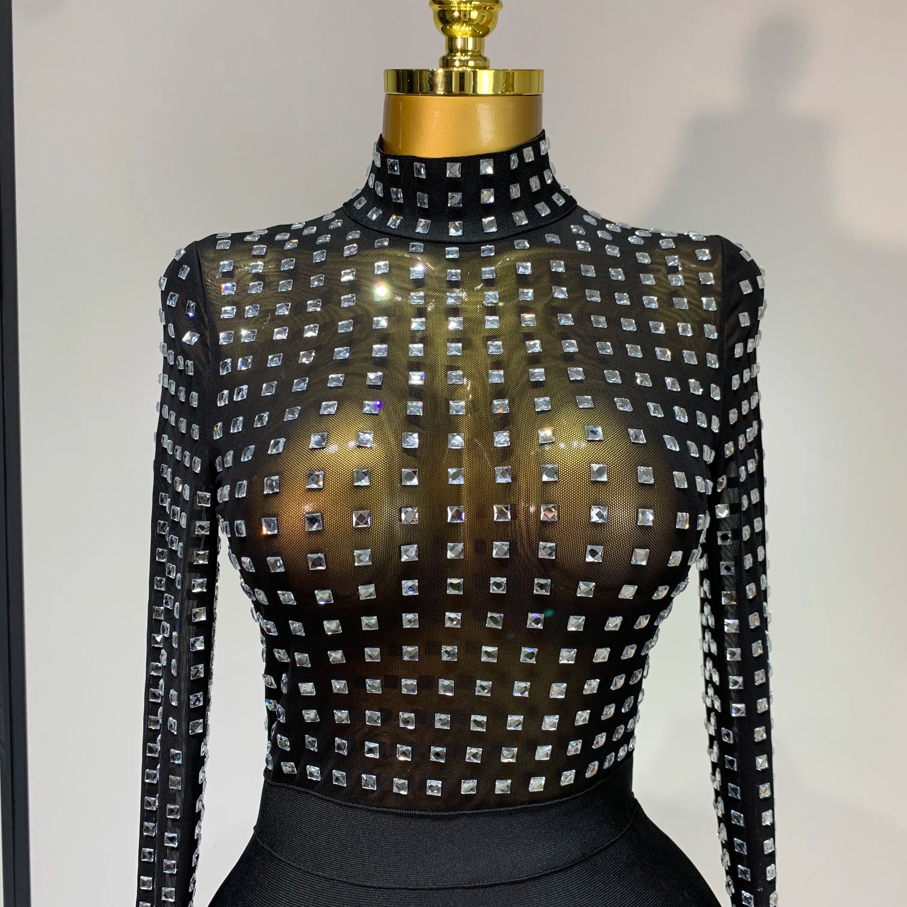 Celebrity Sexy Turtleneck Rhinestones Black Mesh Bodycon Bandage Dress Women 2025 Elegant Evening Club Luxury Birthday Dress