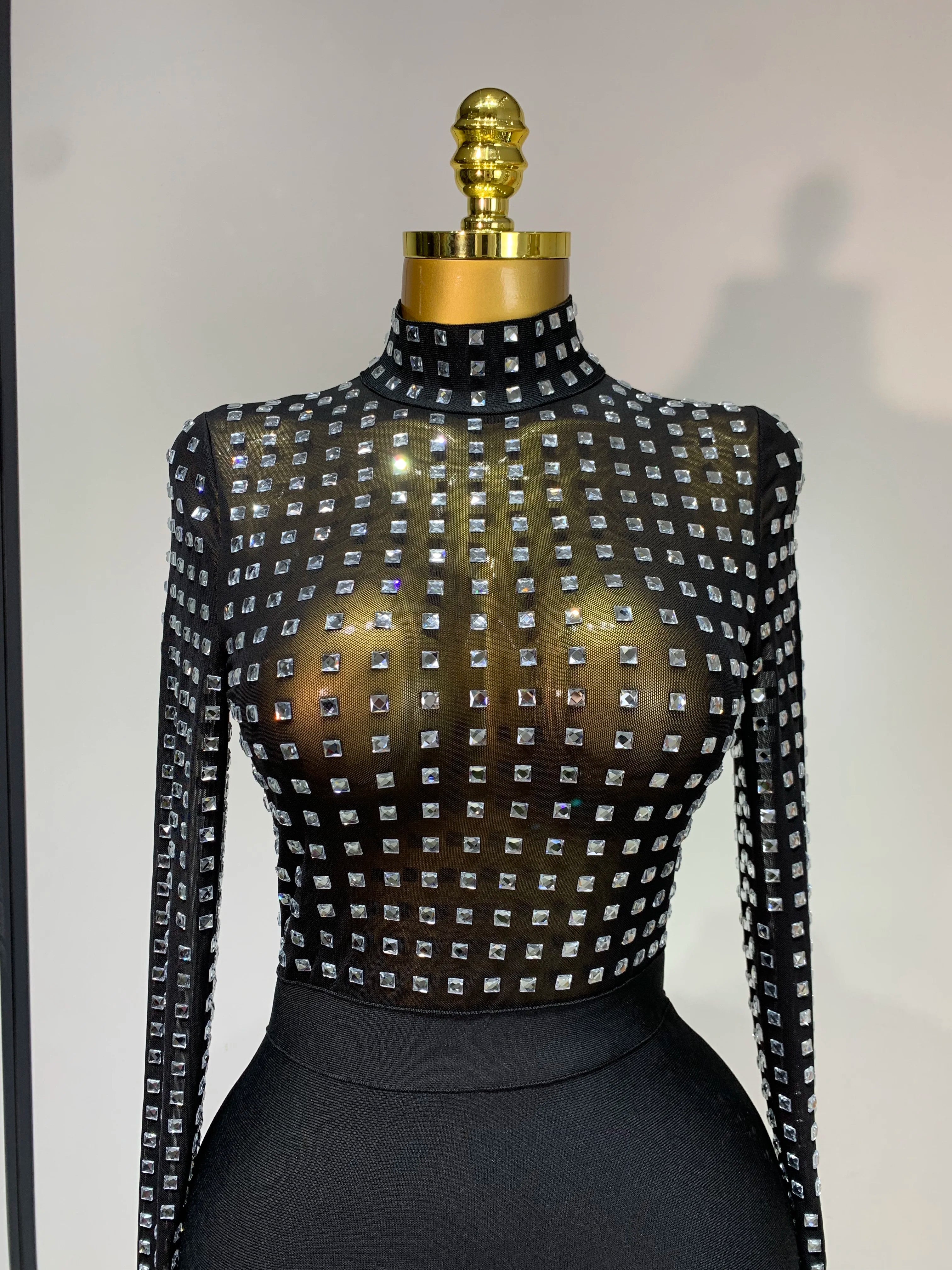 Celebrity Sexy Turtleneck Rhinestones Black Mesh Bodycon Bandage Dress Women 2025 Elegant Evening Club Luxury Birthday Dress