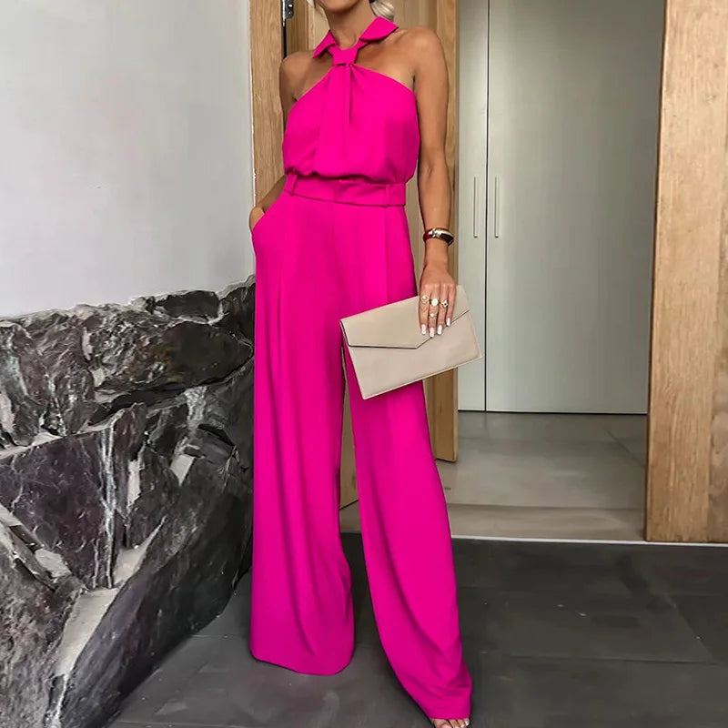 New Spring Summer Women Sleeveless Jumpsuits, Wide Leg Pants Loungewear Playsuits, Patchwork Pocket Simple Ladies Bodysuits 02 Rose Red