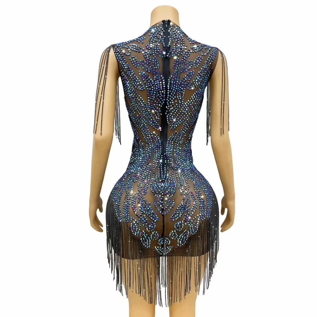 Elegant Women Luxury Dinners Evening Dress Sparkly Rhinestone Tassel Black Mesh Mini Dress Birthday Celebrate Party Dress Heichi