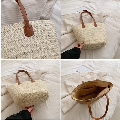 Women Braided Basket Clutches Top-handle Bag Large Straw Portable Shoulder Bag Summer Beach Party Purses Shopper Satchel Female