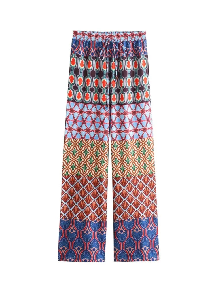 Aonibeier Printed Women Slim Shirt Wide Pants Suits Traf Summer Flare Sleeve Knot Front V Neck Crop Top Female Sets Y2K Outfits One Piece Pants