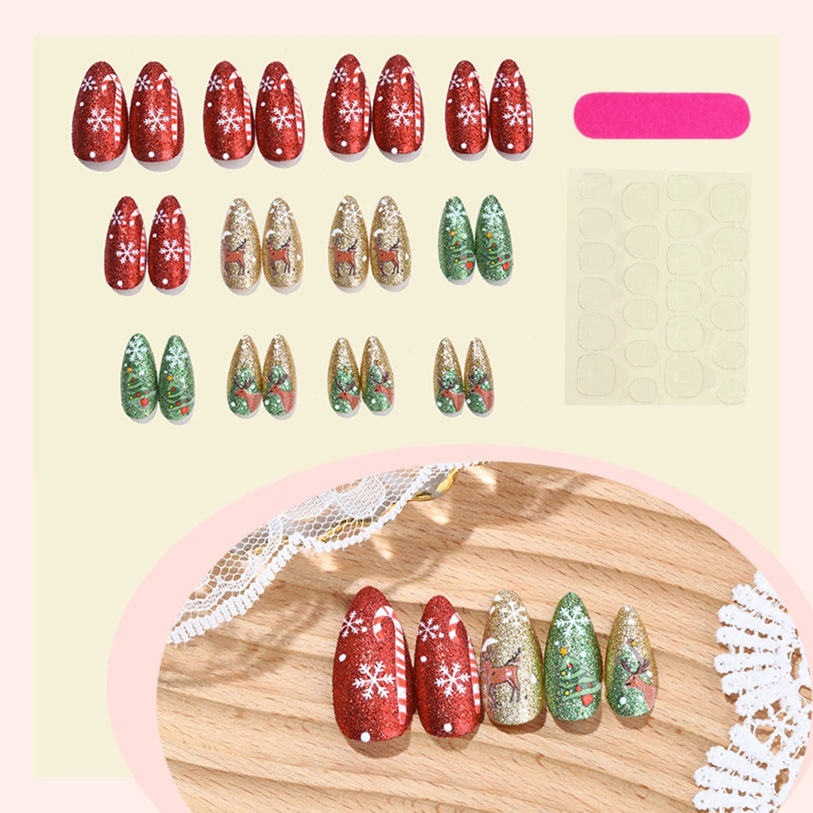 Christmas Party Almond Fake Nails 24Pcs Glossy Sequins Press On Nails Xmas Tree/Deer/Snowflake Printed Stick-on False Nails Art