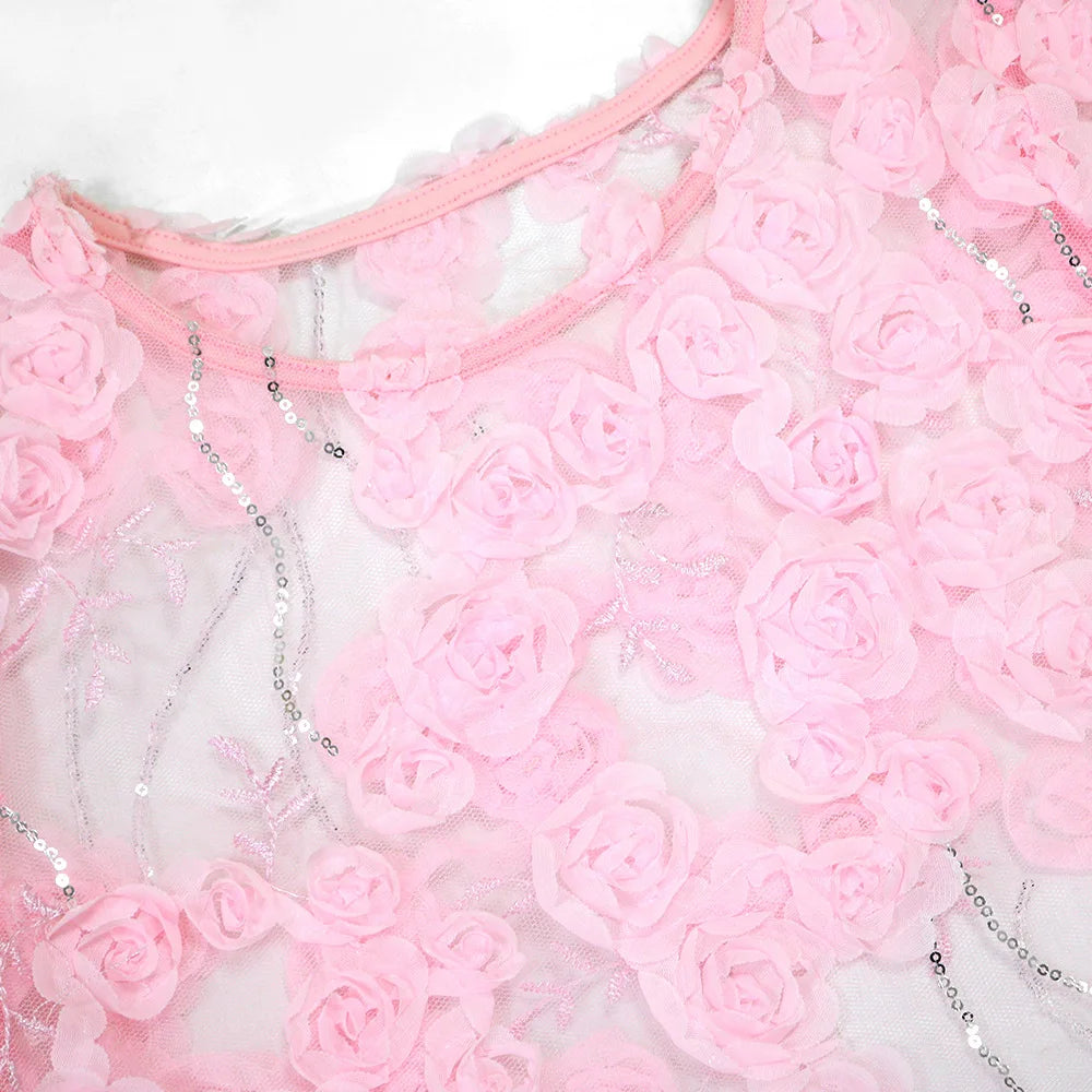 3D Flower Women's Set Mesh See Through Long Sleeve Top and Shorts Suits 2025 Sweet Party Girl Two 2 Piece Sets Outfits