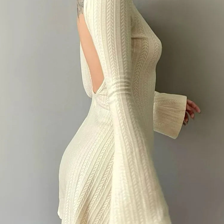 Solid Knitted Backless Dresses for Women Autumn Winter 2024 Elegant Long Sleeve Bodycon Mini Dress Casual