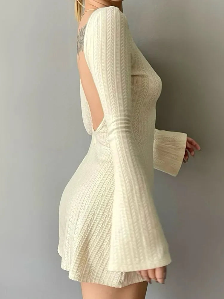 Solid Knitted Backless Dresses for Women Autumn Winter 2024 Elegant Long Sleeve Bodycon Mini Dress Casual