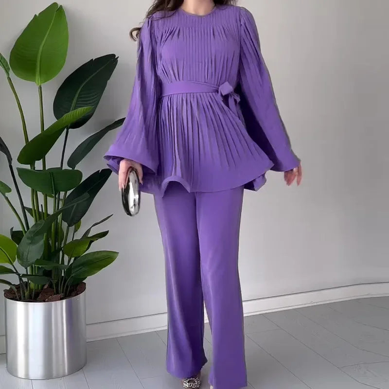 Loose Pleated Top Pants Women Belt Suit Elegant O-neck Long Batwing Sleeve Big Swing Top Wide Leg Pant 2 Piece Sets Outfit purple