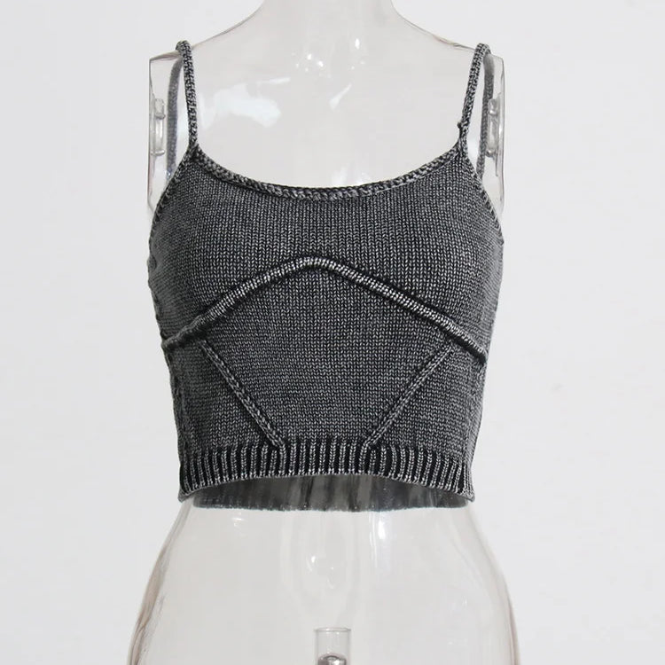 Streetwear Denim Two Piece Set Womens Square Collar Sleeveless Tanks O Neck Long Sleeve Tops Knitting Female Sets