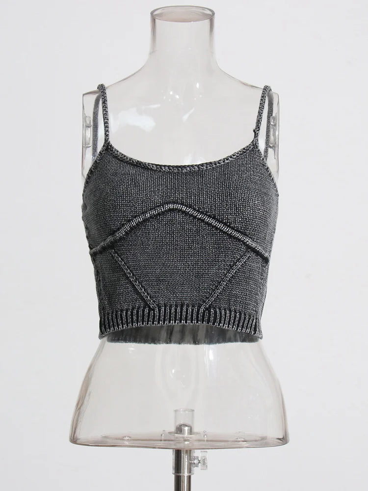 Streetwear Denim Two Piece Set Womens Square Collar Sleeveless Tanks O Neck Long Sleeve Tops Knitting Female Sets