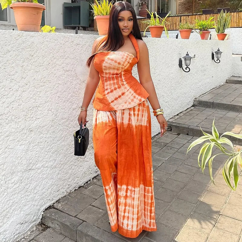Fashion Tie Dye Printed Women's Set Halter Neck Crop Top and Loose Wide Leg Pants 2025 Two 2 Piece Sets Outfit Tracksuit Orange
