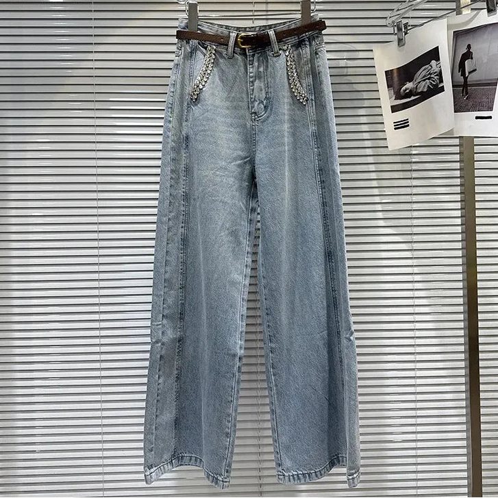 DEAT Spring New Street Style Rhinestone Pocket Belt Design Loose Wide-Leg Jeans For Women Straight Denim Pants 11A07800