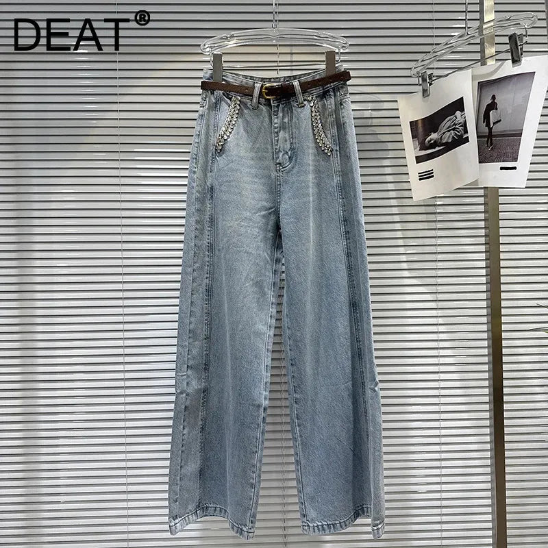 DEAT 2026 Spring New Street Style Rhinestone Pocket Belt Design Loose Wide-Leg Jeans For Women Straight Denim Pants 11A07800