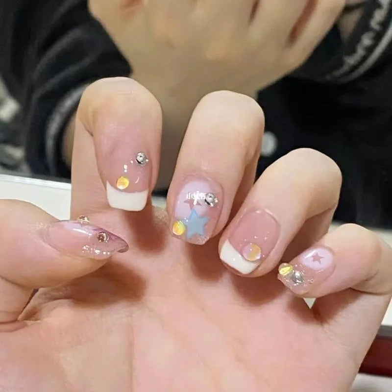 10Pcs French Handmade Press on Nails Cute Color Stars Diamond Fashion Nail Sweet Short Ballet Wearable Acrylic Nails Art Summer