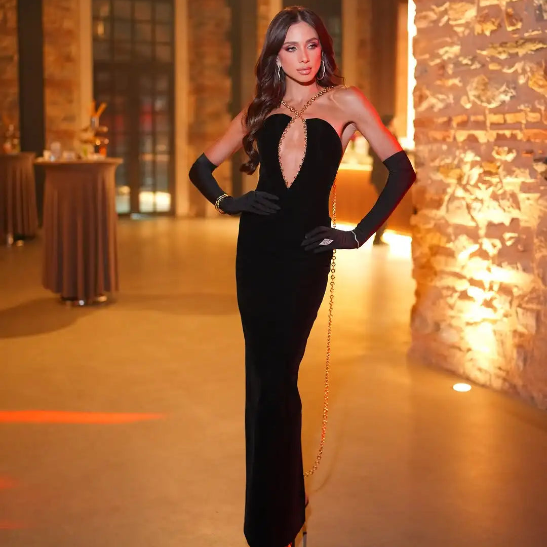 Women Sexy Halter Golden Sequined Backless Bodycon Long Bandage Dress Gloves Celebrate Fashion Evening Party Outfit black