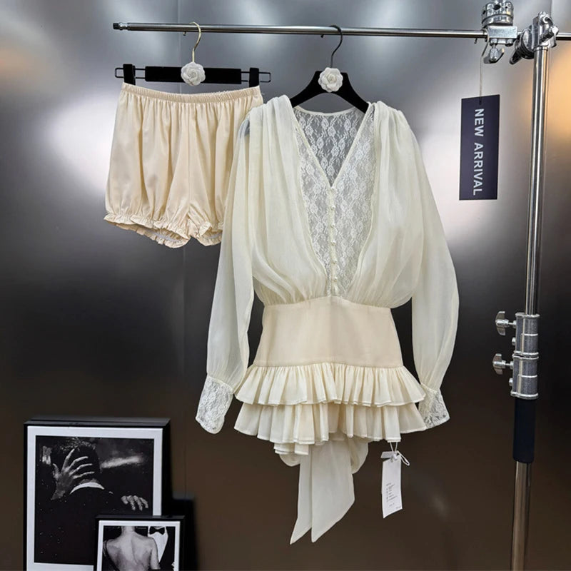 Autumn Winter New Fashion Lace Patchwork Ribbon Shirt Dress For Women High-end Elegant With Shorts Dress 11A07615 beige