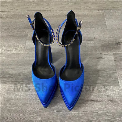 Luxury Women High Heel Shoes Platform Sandals Pointed Toe Woman Silk Pumps Sexy Rhinestone Buckle Chunky Heel Wedding Shoes 2024 Navy blue