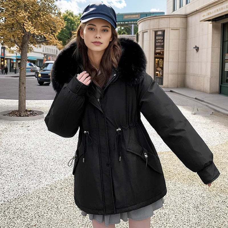 Winter Women's Jacket Female Fur Collar Thicken Warm Cinching Parka Coats Women's 2 Pocket Drawstring Waist Cotton Jacket black